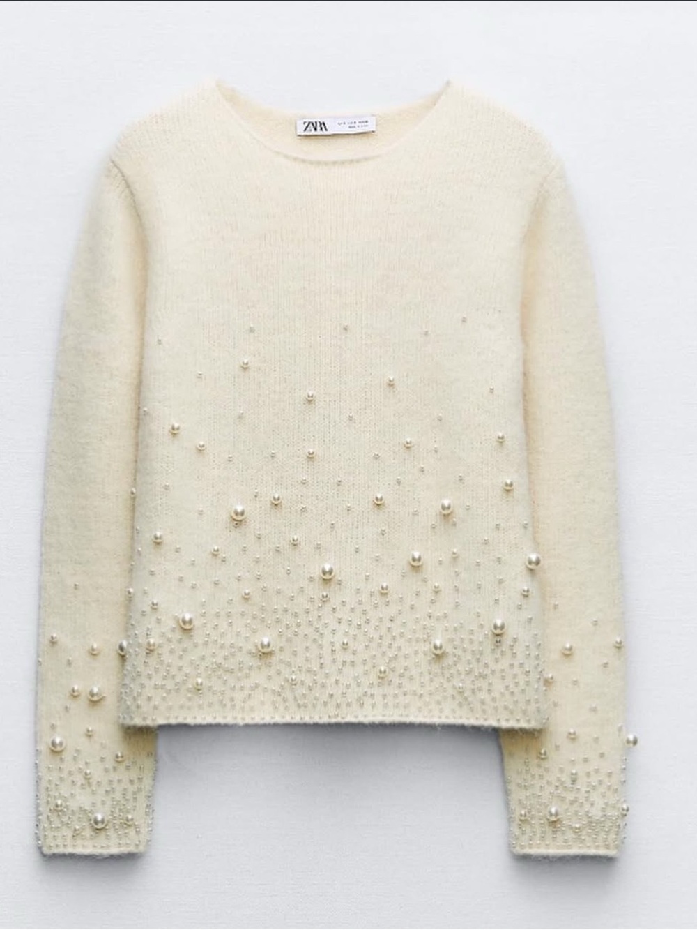 ZARA Cream Pearl-Embellished Crewneck wool Sweater size M